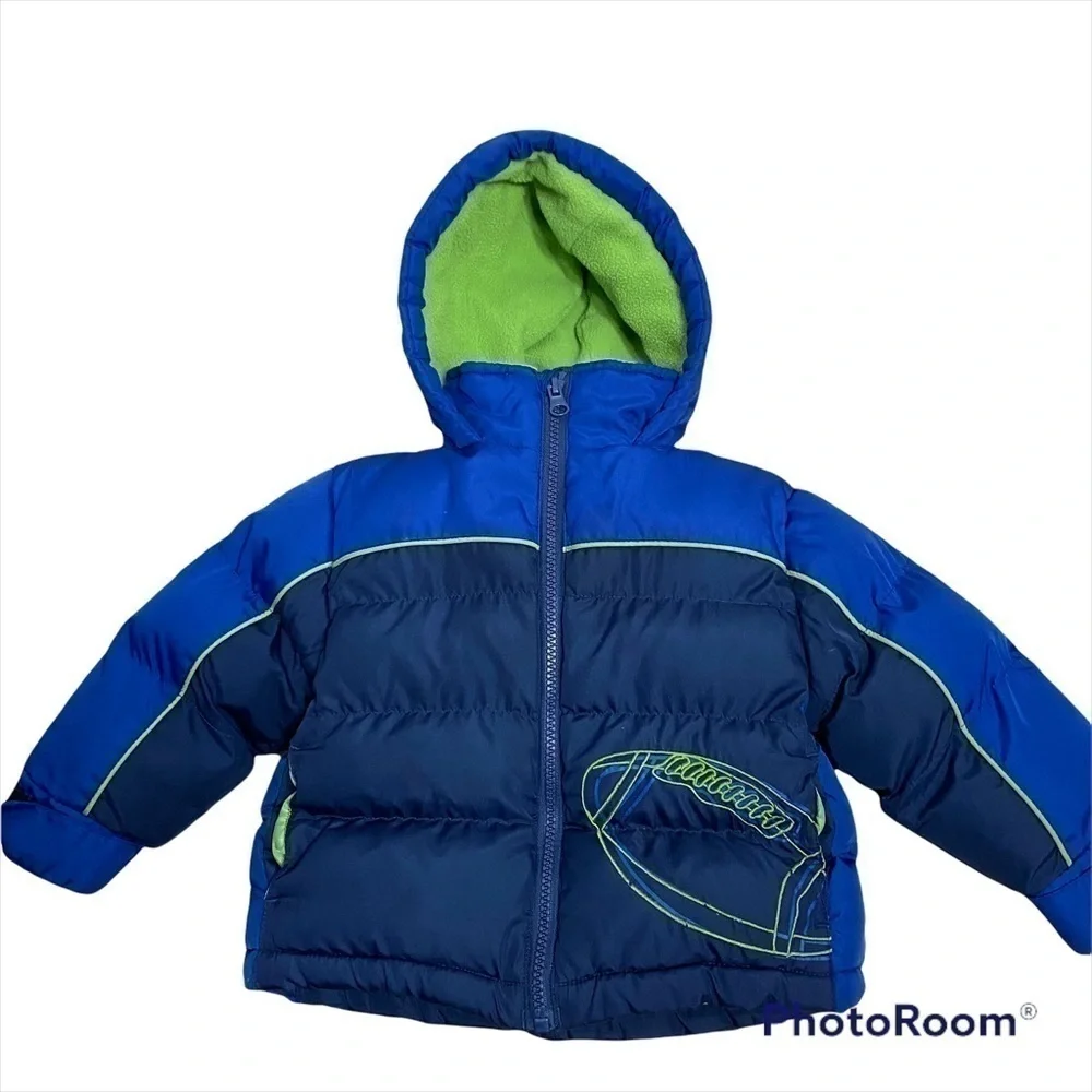 Carter’s Puffer Jacket Blue Green Football Sz 18 Months Full Zip Hooded
